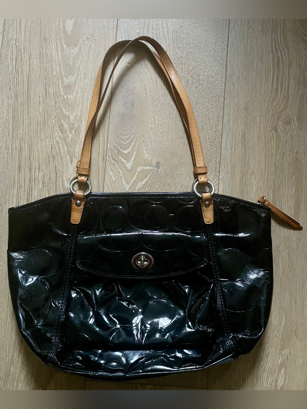 Coach Y2K vintage Black Patent Embossed Leather Tote with blue satin lining
